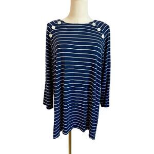 J.Jill Wearever Collection Navy White Stripe Preppy Mariner Knit Tunic Top L